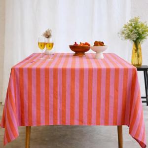 Pink & Orange Striped Cotton Table Cloth 48x62 Inch | 4 Seater Dining Table Cloth | Soft & Washable | CRAZYWEAVES