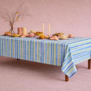 Premium Cotton Table Cloth | Blue, Green & White Striped Dining Table Cover for Home, Kitchen & Outdoor Dining | Washable & Durable | CRAZYWEAVES