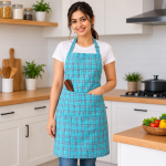 Water Blue Checked Cotton Kitchen Apron with Pocket & Adjustable Neck | CRAZYWEAVES