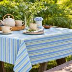 Premium Cotton Table Cloth | Blue, Green & White Striped Dining Table Cover for Home, Kitchen & Outdoor Dining | Washable & Durable | CRAZYWEAVES