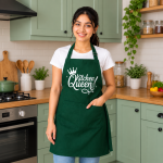 Kitchen Queen Printed Premium Green Cotton Kitchen Apron for Women with Adjustable Neck and Front Pocket