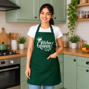 Kitchen Queen Printed Premium Green Cotton Kitchen Apron for Women with Adjustable Neck and Front Pocket