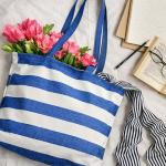 CRAZYWEAVES Blue & White Striped Cotton Tote Bag for Women | Reusable Shopping Bag | Large Carry Bag for Shopping, Travel & Daily Use