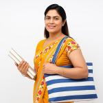 CRAZYWEAVES Blue & White Striped Cotton Tote Bag for Women | Reusable Shopping Bag | Large Carry Bag for Shopping, Travel & Daily Use