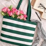 CRAZYWEAVES Green & White Striped Cotton Tote Bag for Women Reusable Shopping Bag Large Carry Bag for Travel and Daily Use
