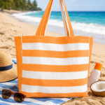 Orange & White Striped Cotton Tote Bag for Women Reusable Shopping Bag Large Carry Bag for Travel Beach Shopping and Daily Use