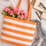 Orange & White Striped Cotton Tote Bag for Women Reusable Shopping Bag Large Carry Bag for Travel Beach Shopping and Daily Use