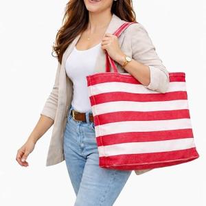 Red & White Striped Cotton Tote Bag for Women Reusable Shopping Bag Large Carry Bag for Travel and Daily Use