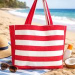 Red & White Striped Cotton Tote Bag for Women Reusable Shopping Bag Large Carry Bag for Travel and Daily Use