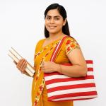Red & White Striped Cotton Tote Bag for Women Reusable Shopping Bag Large Carry Bag for Travel and Daily Use